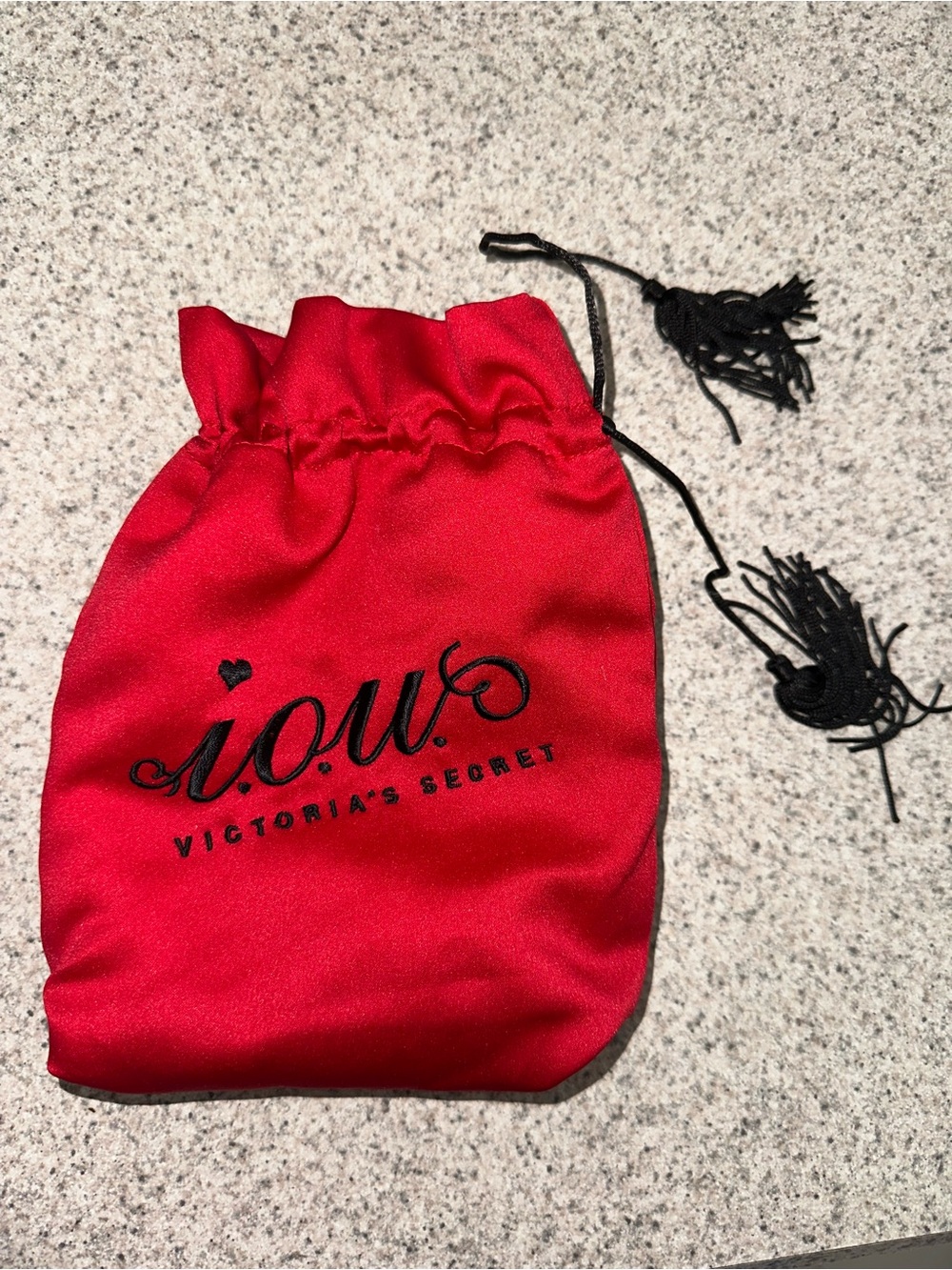NWOT Victoria's Secret Red Satin Drawstring Bag with Black Tassels and cards